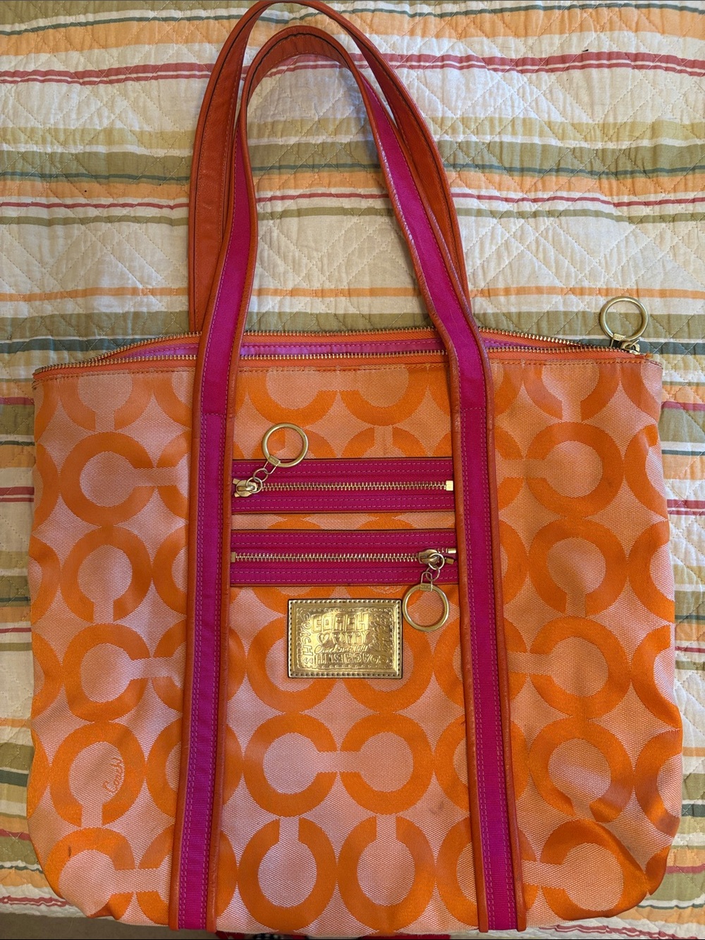Coach Poppy Orange and Pink Tote Bag with Gold Accent